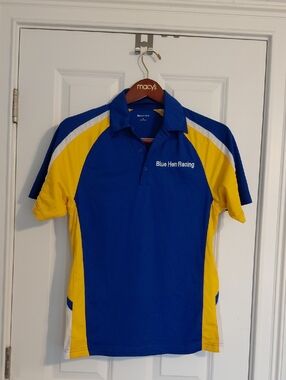 Blue Hen Racing Men’s Blue and Yellow Polo Shirt,  Size S
